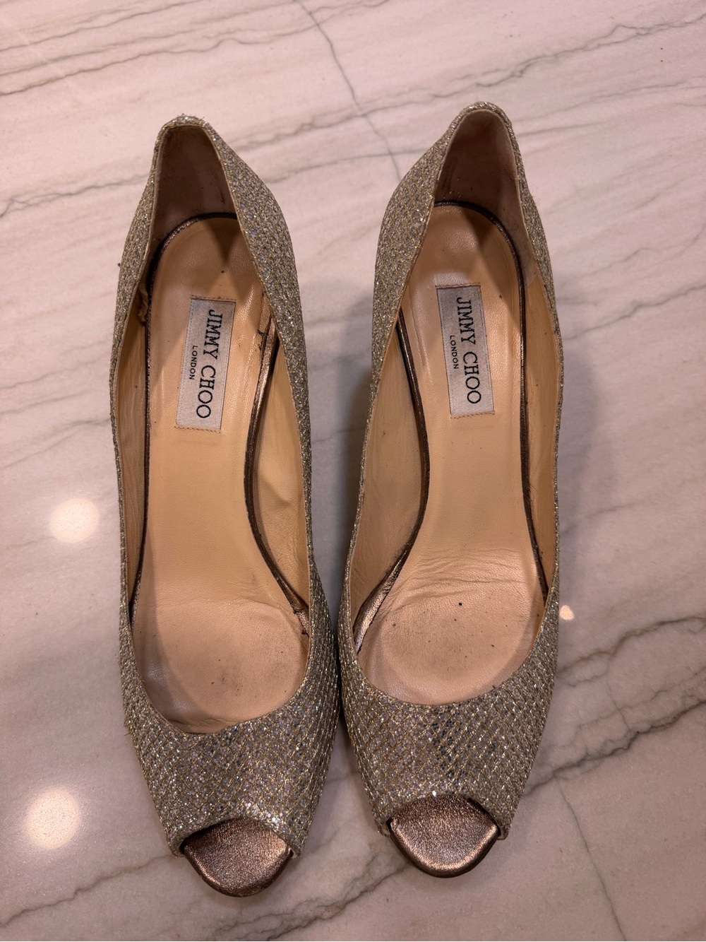 Jimmy Choo Gold Glitter Peep-Toe Pumps